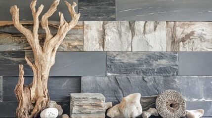 Natural stone tile and driftwood textures for interior design and natural aesthetics inspiration