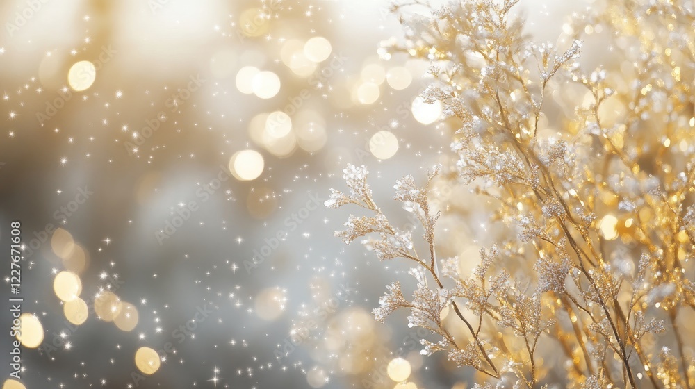 Poster elegant nature background with soft gold glitter bokeh stars for text overlay and design projects