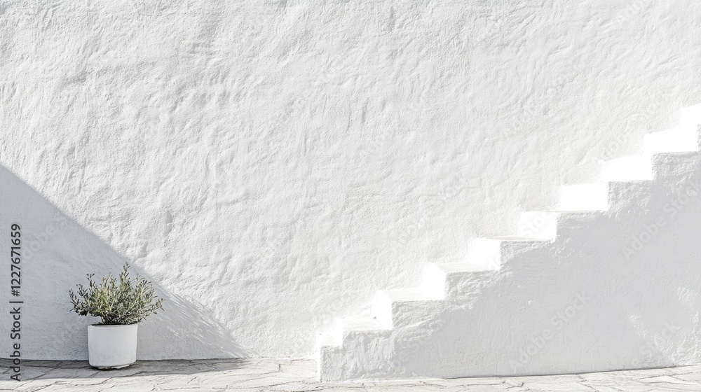 Poster minimalist white stucco wall texture with shadows and stairs creating space for design and creative 
