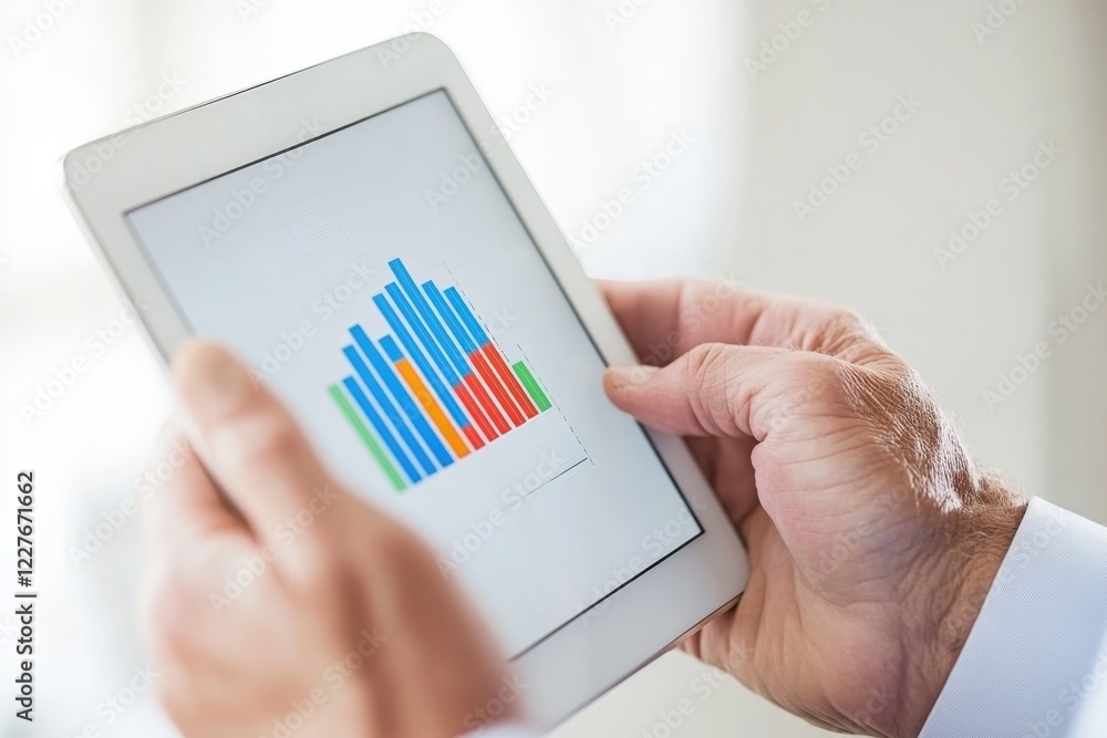 Poster analyzing data trends on a tablet in a bright office environment during a working day