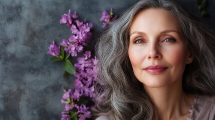 Naklejka premium Radiant Mature Woman with Gray Hair Surrounded by Flowers Natural Skincare Portrait for Beauty and Wellness Themes