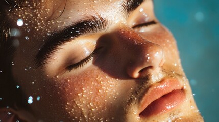 Man with closed eyes and water droplets on his face creating a serene and reflective mood in a soft blue background setting