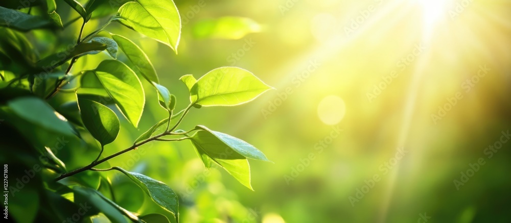 Poster morning sunlight filtering through vibrant green leaves creating a serene natural backdrop with spac