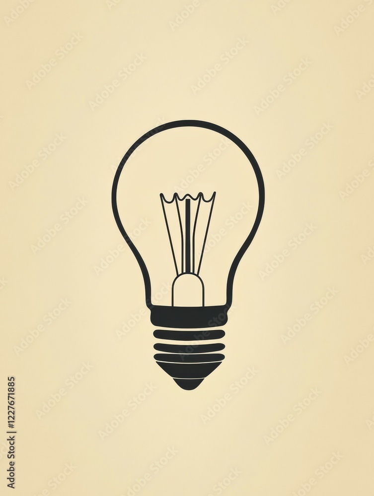 Poster retro black and white illustration of a light bulb on a beige background for creative design element