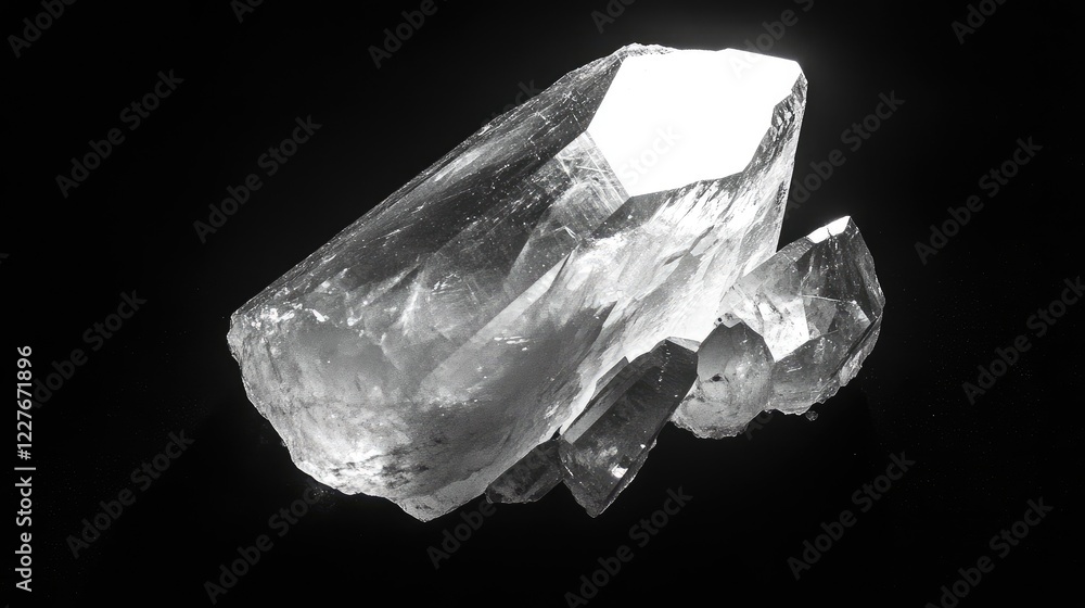 Poster natural quartz crystal with hexagonal structure elegantly displayed on a black background showcasing