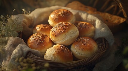 Assorted freshly baked bread rolls in a rustic basket showcasing a variety of textures and seeds in a warm inviting setting