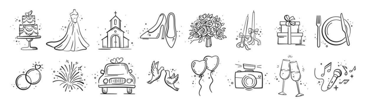 Hand Drawn Marriage Icons Set. Wedding elements collection. Wedding, bride, love, celebration. Timeline menu on wedding theme. Vector wedding  illustrations for invitations, greeting cards, posters