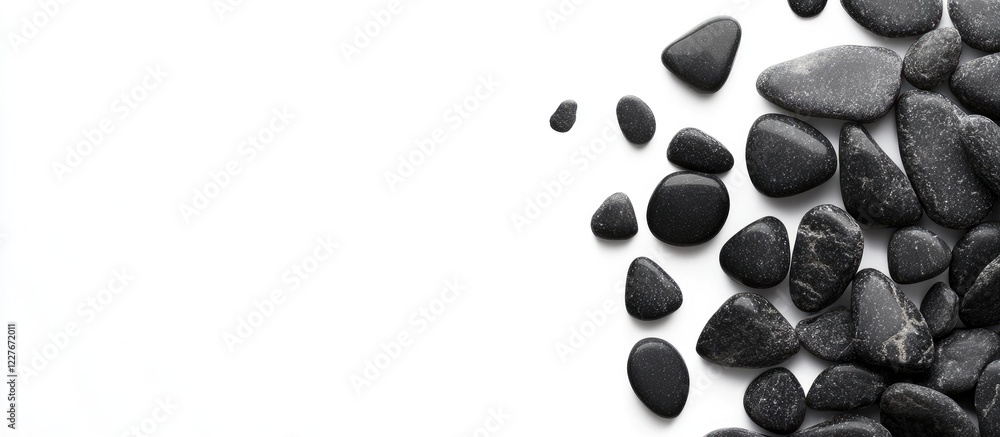 Poster elegant black pebbles and stones arrangement on white background with copyspace for text symbolizing
