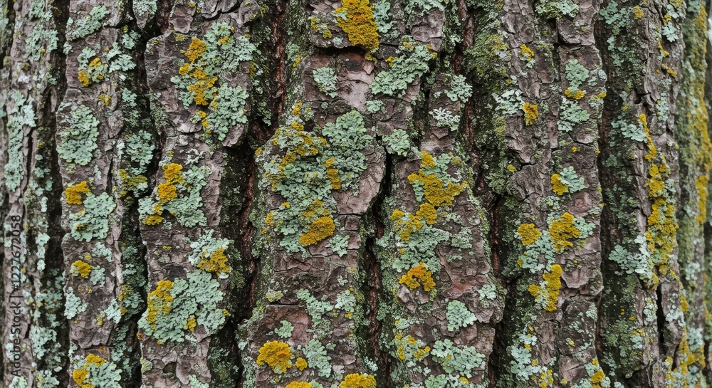 Poster tree bark texture: close-up view of textured tree bark, intricately patterned with green and yellow 