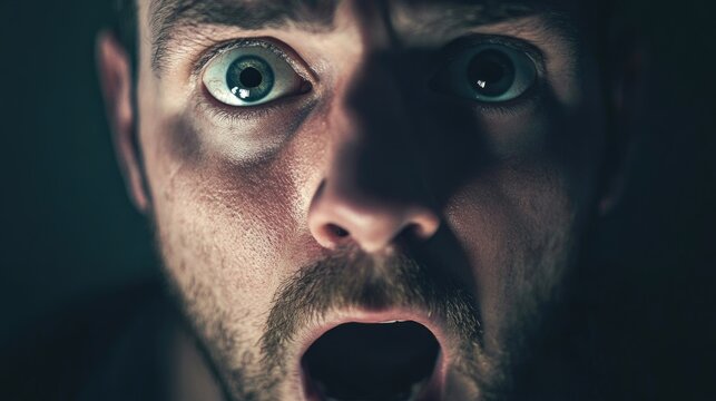 Man expressing shock and disbelief with wide eyes and open mouth in a dramatic close-up portrait.