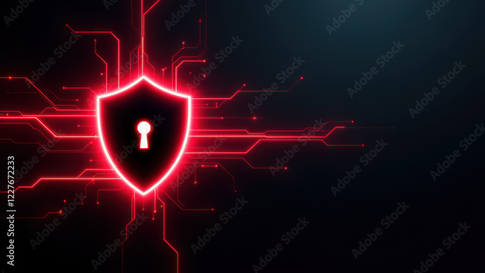Poster digital security icon with red lock on a background of blue lightening and grids.