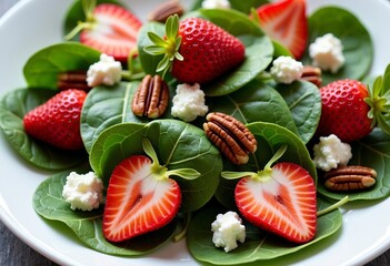 Detailed spinach strawberry salad: fresh baby spinach, ripe strawberries, candied pecans, crumbled goat cheese, balsamic vinaigrette, white plate, culinary, lifestyle.
