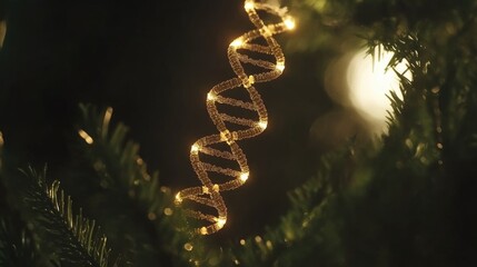 Obraz premium Illuminated DNA Helix Decorated with Lights Against a Dark Natural Background Representing Medical Science and Genetics Concepts