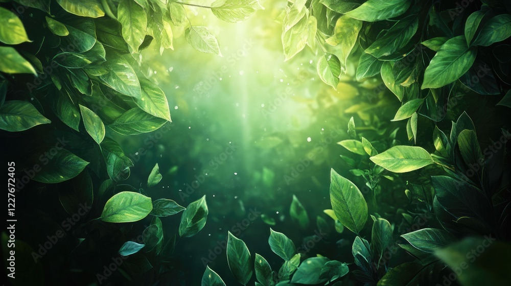 Poster lush green foliage with sunlight filtering through, creating a serene nature background perfect for 