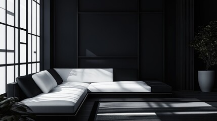 Minimalist black and white living room featuring contemporary furniture and ample copy space for branding or promotional text