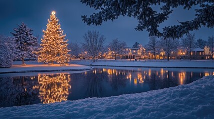 Snow-covered Christmas landscape featuring a brightly lit tree reflecting on the calm water at twilight.