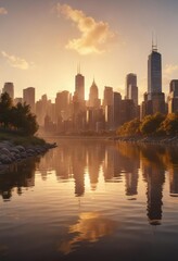 Naklejka premium Golden hour reflections of city skyline in calm river, reflections, peaceful