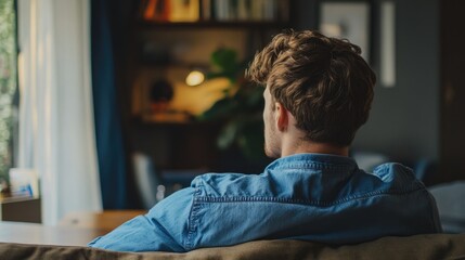 Fototapeta premium Man in blue shirt thoughtfully sitting at table in cozy interior with natural light and greenery in background