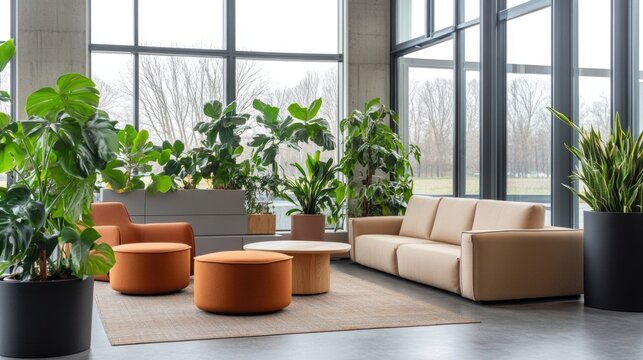 Scandinavian minimalist lounge with large windows natural light and indoor plants creating a serene and inviting atmosphere