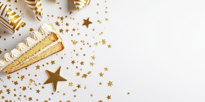 Elegant flat lay of festive gold decorations cake slice and party hats with stars on white background ideal for celebration invitations or announcements