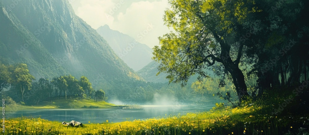 Poster tranquil green landscape with serene mountains and a calm lake ideal for nature themes and inspirati