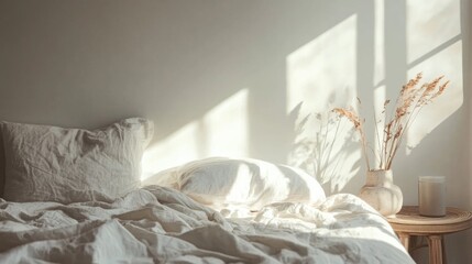 Scandinavian Zen Bedroom with Soft Textures and Warm Natural Light Creating a Cozy Atmosphere