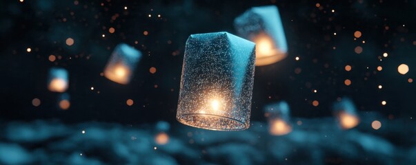 Fototapeta premium Magical Floating Lanterns Illuminating Dark Night Sky