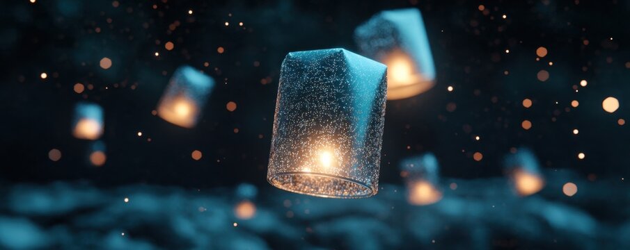 Magical Floating Lanterns Illuminating Dark Night Sky