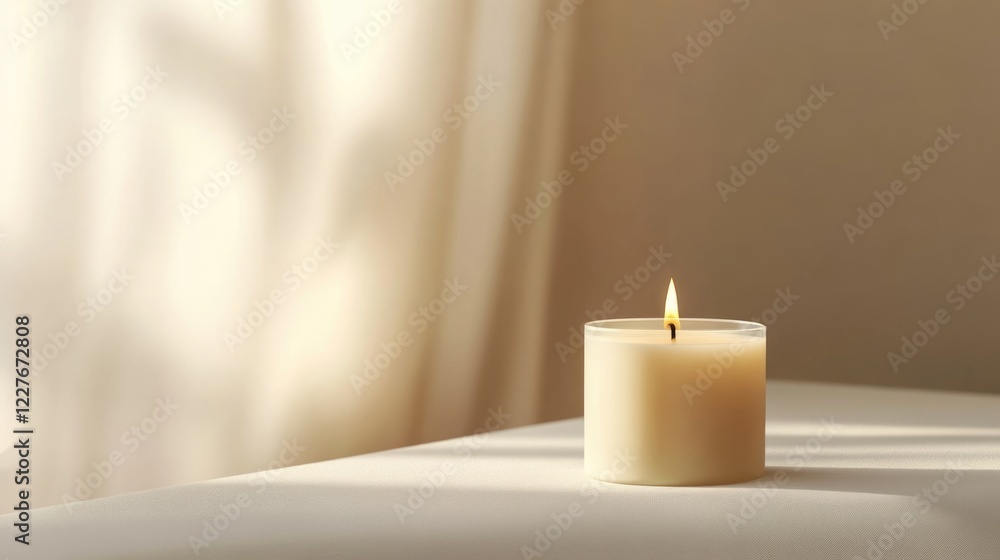 Poster serene minimalistic candle illuminating a neutral backdrop with soft shadows creating an atmosphere 