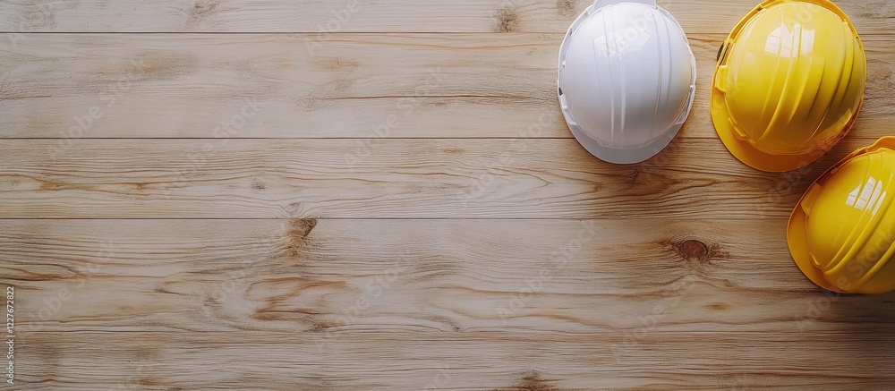 Poster engineering tools and hard hats on wooden background with empty space for construction and maintenan