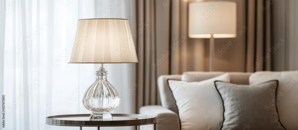Poster elegant crystal table lamp in sophisticated living room setting with soft textiles and blank space f