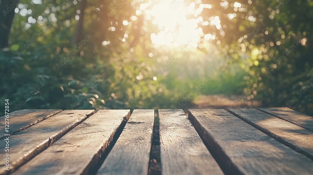 Poster rustic wooden table in a sunlit garden with a blurred bokeh backdrop creating a serene natural ambia
