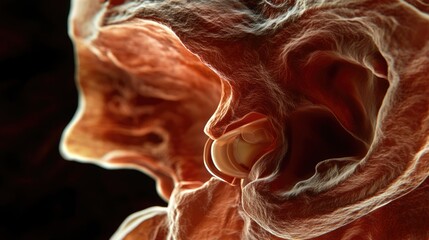 Detailed close-up view of human ear anatomy highlighting the inner ear structure auditory canal and eardrum against a dark background.