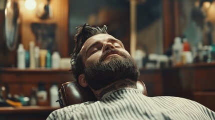 Barber Shop Experience Man Receiving Hair and Beard Treatment in Vintage Surroundings
