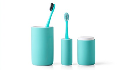 Stylish turquoise bathroom accessory set with toothbrush holders and brushes on a white background