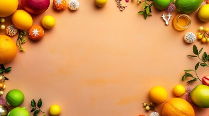 Colorful Citrus Fruits and Decorated Eggs Bordering a Peach Background