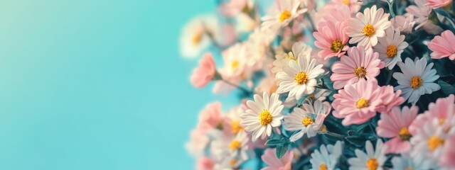 Easter Spring Concept Floral Background with Colorful Flowers and Soft Copy Space for Text or Advertising