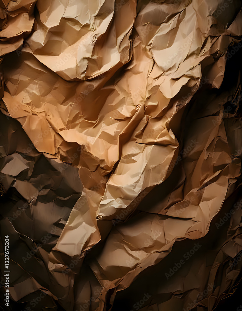 Poster crumpled brown paper with deep shadows, creating a textured and dramatic abstract background