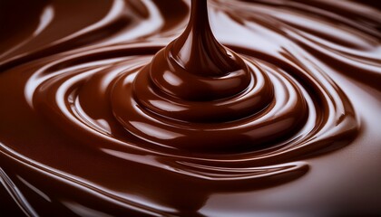 A close-up of melted chocolate with a rich, glossy texture, highlighting its smooth flow and deep brown color. Perfect for gourmet, dessert, and confectionery visuals