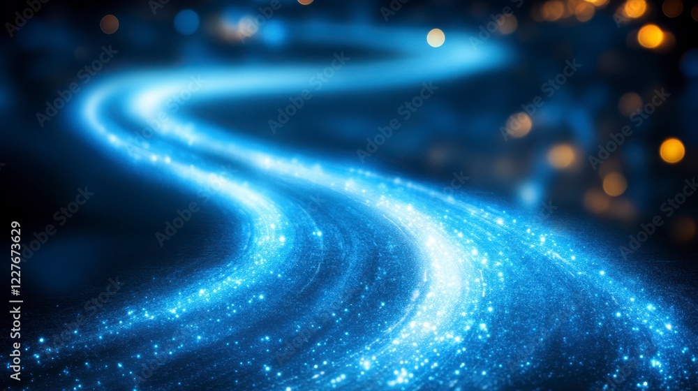 Poster abstract glowing blue light trail on dark background. sparkling particles create a dynamic, swirling