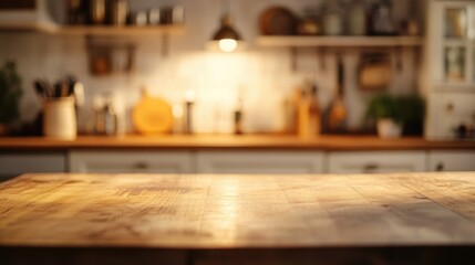 Warm Blurred Kitchen Interior Featuring Rustic Wooden Surfaces and Soft Lighting