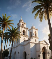 Palm trees sway above a historic church in Vejer's countryside , vines, stone foundation, palms