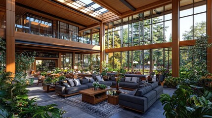 Luxurious modern home's atrium,  sunlit living room with lush indoor plants, garden view.  Use Real estate, architecture