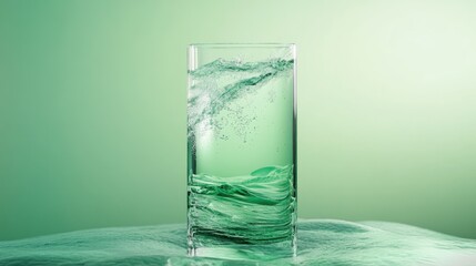 Refreshing mineral water in a clear glass with vibrant green background showcasing bubbles and movement for a serene natural ambiance.