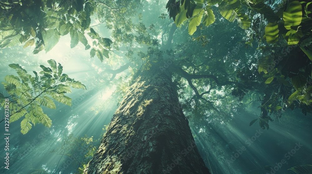 Poster majestic view of a towering tree in a tropical rainforest with sun rays filtering through lush folia