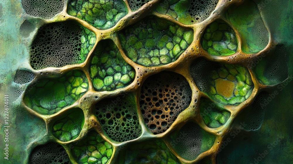Poster organic moss inspired textured metal surface with intricate patterns and vibrant green hues creating