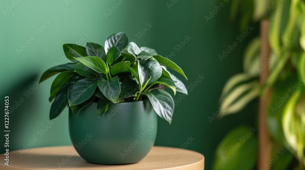 Poster serene houseplant in forest green pot on wooden table promoting well-being and healing with ample em
