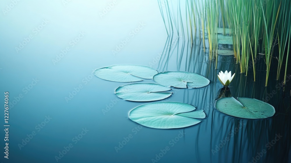Aufkleber serene minimalist pond scene with lily pads and soft reeds creating a calming atmosphere and ample s