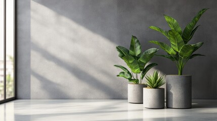 Fototapeta premium Stylish Minimalist Interior Featuring Houseplants in Elegant Stone Pots and Soft Natural Light