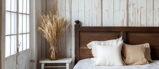 Rustic elegance in a bedroom with brown wooden furniture showcasing loft style and diverse textures with space for copy text